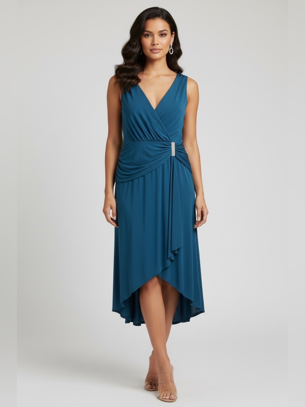 VENUS Teal Sleeveless High-Low Wrap Dress with Rhinestone Detail